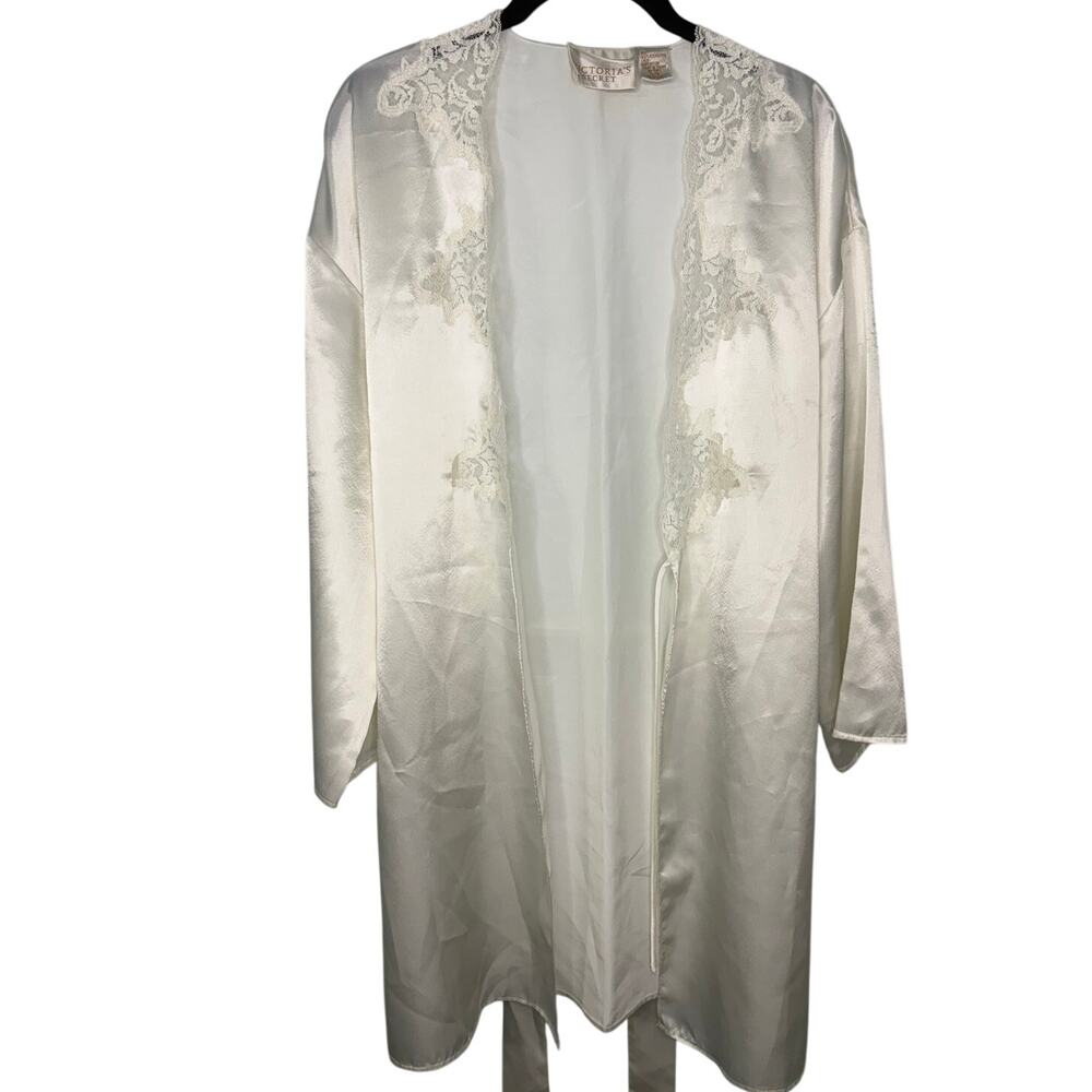 Victoria's Secret Gold Label VTG Satin Robe O/S Bridal Off White Lace Wedding